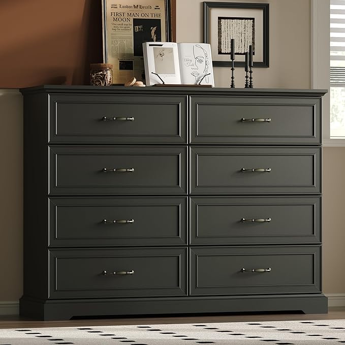 Farmhouse 8 Drawers Dresser for Bedroom, 54" Wide Modern Chest of Drawers with Deep Drawers & Bar Handles, Rustic Wood Dresser TV Stand, Wooden Closet Storage Organizer for Living Room, Hallway, Black