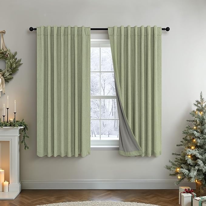 Light Sage Green Short Blackout Curtains for Small Bathroom Window Kitchen Door Back Tab Pocket 45 Inch Length 2 Panel Linen Look Noise Reducing Dampening Vintage Moody Curtain for Room Divider Closet