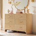 Fluted 6 Drawer Dresser for Bedroom with Curved Profile Design, 53.9 Inch Wide Chest of Drawers, Smooth Glide Storage Cabinet for Living Room, Natural Oak