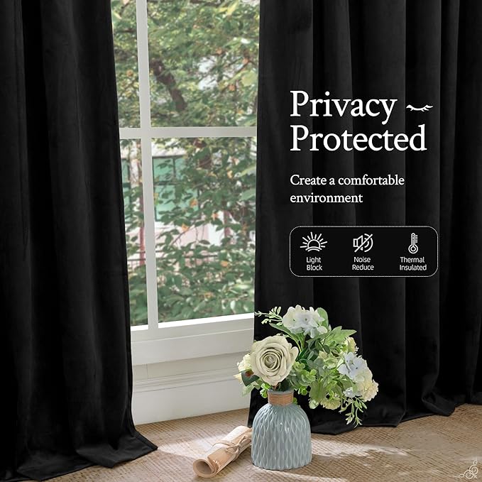LAMIT Halloween Black Velvet Blackout Curtains for Bedroom, 96 Inch Thermal Room Darkening Panels Back Tab and Rod Pocket Privacy Protected Drapes for Living Room/Movie Theater, 2 Panels, 52 x 96 Inch