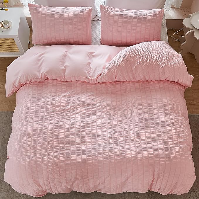 AveLom Blush Pink Seersucker Duvet Cover Set King Size (104 x 90 inches), 3 Pieces (1 Duvet Cover + 2 Pillow Cases), Ultra Soft Washed Microfiber, Textured Duvet Cover with Zipper Closure, Corner Ties