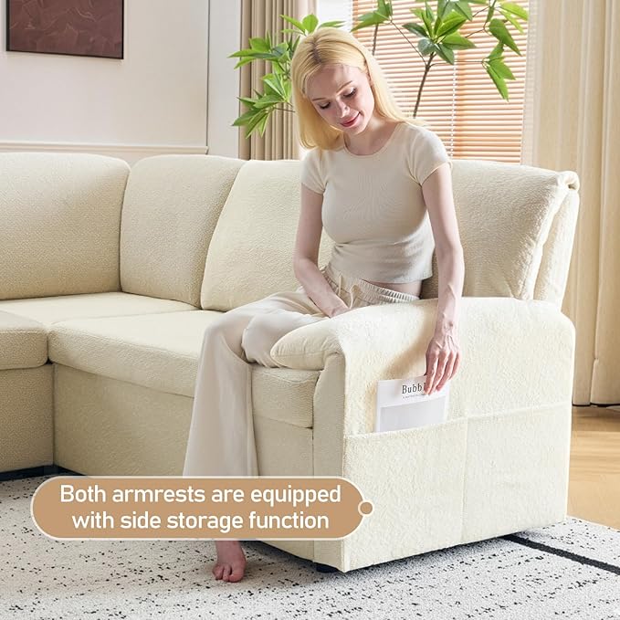 VINGLI Convertible Sofa Bed, U-Shape Sectional Couches for Living Room Sleeper Sofa with Pull Out Couch Bed Cloud-Like Plush Fleece Sofa Couch with Storage Chaise, USB Charging, Side Pockets