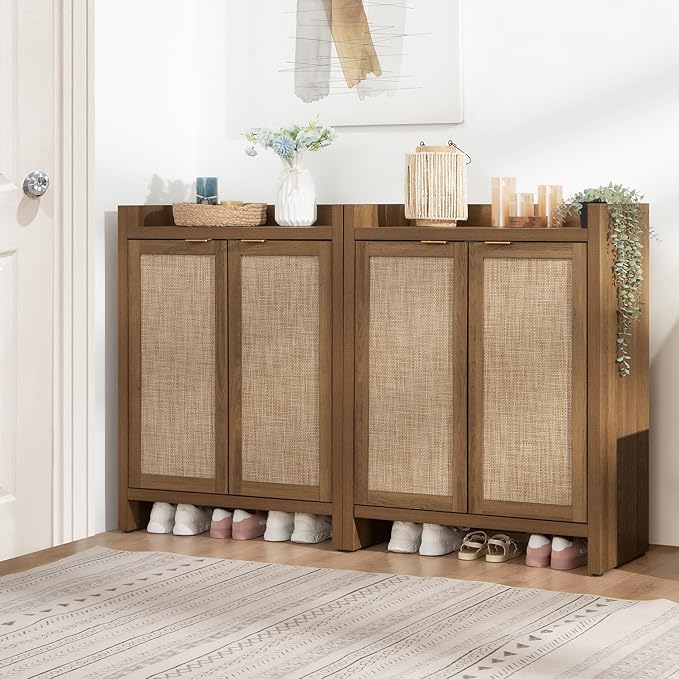 SICOTAS Shoe Cabinet Set of 2, Large Capacity Shoe Storage Organizer Cabinet, Tall Rattan Shoe Cabinet with Doors and Shelves, 6-Tier Farmhouse Boho Wooden Storage Cabinet for Entryway Hallway