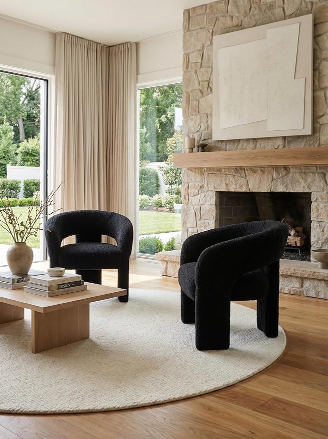 LukeAlon Mid Century Modern Sherpa Accent Chairs Set of 2 – Round Barrel Back Armchairs, Comfy Upholstered Lounge Chairs for Living Room, Bedroom, Office, Waiting Rooms, Black