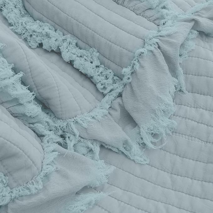 Ultra Soft Pre-Washed Warm Quilted Throw Blanket, Ruffle Fringed Blue Green Boho Decorative Throw, Stone Washed Chic Rustic Blanket for Sofa Couch Bed Chair, 50"x 60"