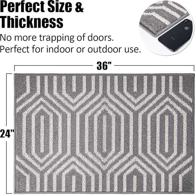 Indoor Doormat 24"x 36", Absorbent Front Back Door Mat Floor Mats, Rubber Backing Non Slip Door Mats Inside Mud Dirt Trapper Entrance Door Rug Carpet, Machine Washable Low Profile-Grey Time Cloister