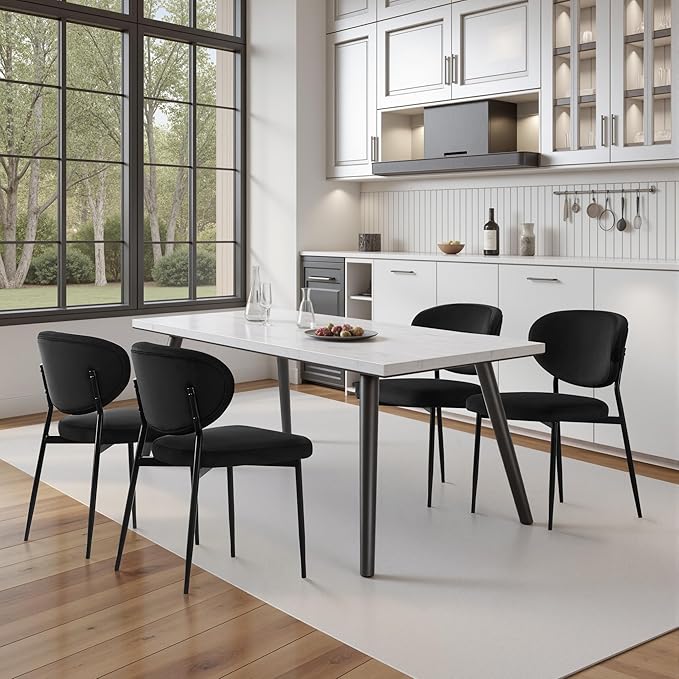 Black Dining Chairs Set of 4 Velvet Upholstered Kitchen & Dining Room Chairs Modern Crescent-Shaped Backrest Accent Side Chairs with Swivel Leveling Feet for Restaurant/Dining Table/Home