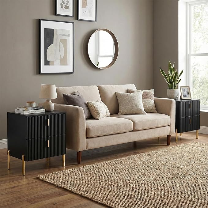 Luxury Fluted Night Stand Set of 2, Nightstand with 2 Drawers, Modern Bedside Table with Golden Legs and Handles, End Tables for Living Room Bedroom, Black