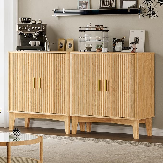 Storage Cabinet with Doors and Adjustable Shelf, Modern Fluted Sideboard Buffet Cabinet, Freestanding Coffee Bar for Kitchen, Pantry, Entryway, Living Room (Natural Oak)