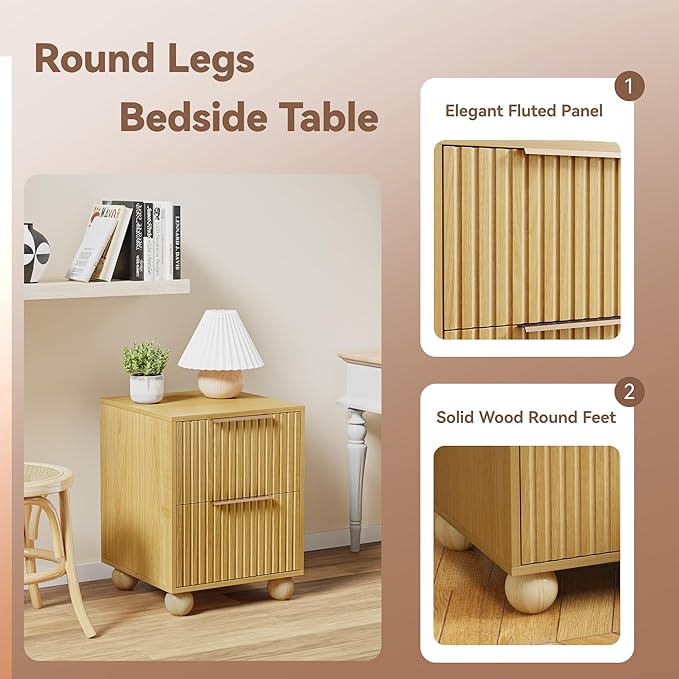 Fluted Nightstand Set of 2, Natural Oak Finish Bedside Table with Spacious Storage Drawers, Night Stand with Solid Wood Round Legs for Bedroom, End Table, Side Table