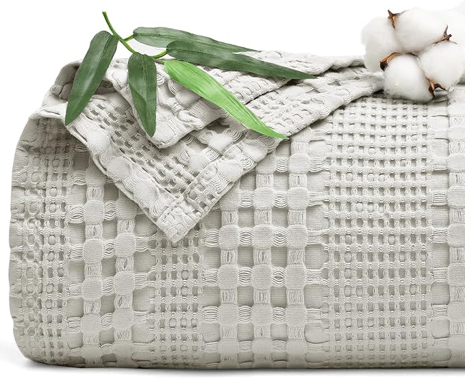 PHF Cooling Waffle Blanket Queen Size, Lightweight 60% Rayon Derived from Bamboo & 40% Cotton Breathable Blanket for Hot Sleepers, Soft and Luxury for Bed Couch and Sofa, 90"x90", Grey