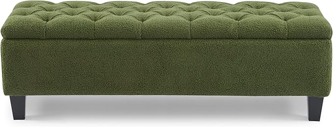 GDFStudio Boucle Storage Ottoman Bench with Button Tufting, 50.75” Upholstered Entryway Bench with Hidden Storage, Soft Close Lid, Rubberwood Legs, Extra Seating for Bedroom, Living Room – Green