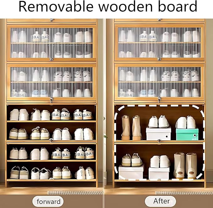 Bamboo Shoe Cabinet with Acrylic Door,10-Tier Shoe Storage Rack, 40-45 Pairs Freestanding Shoe Rack, Entrance Shoe Cabinet for Hallway Living Room