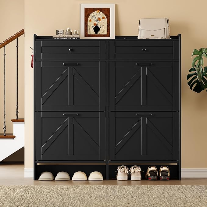 Shoe Storage Cabinet for Entryway, Farmhouse Wide Shoe Cabinet with 4 Flip Drawers and 2 Top Drawers, Freestanding Organizer with Adjustable Shelves, Hooks, and Anti-Tip Kit for Hallway