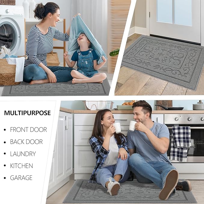 FONEYI Indoor Door Mat, Front Back Door Mat 20"x32" Non-Slip Rubber Backing Door Rug, Machine Washable Entry Rug, Low Profile Absorbent Dirt Trapper Doormat Inside Floor Mats for Entryway, Light Grey