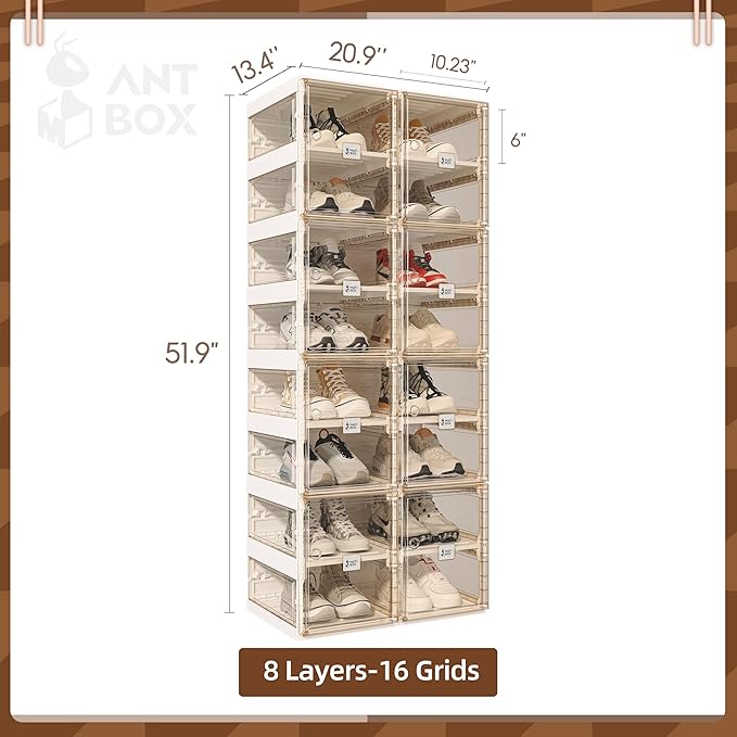 ANTBOX Foldable Shoe Rack,Shoe Organizers for Closet Plastic Shoe Storage Box for Entryway,Living Room,Large Sturdy Stackable Sneaker Cabinet Bins with Magnetic Clear Door 8 Tiers 16 Pairs