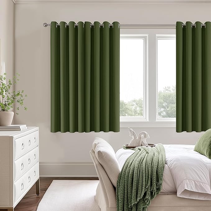 ChrisDowa 100% Blackout Olive Green Solid Curtains 54 Inches Long 2 Panels for Bedroom Living Room,Farmhouse Room Darkening Thermal Insulated Soundproof Grommet Top Window Treatment Drapes,52x54