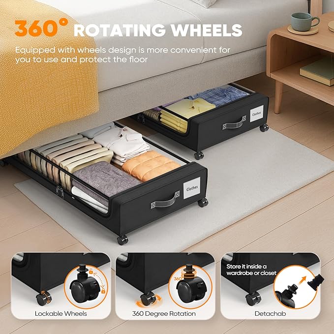 Camkey® Under Bed Storage with 360° Wheels, 2-Pack, 60L Low-Profile Rolling Underbed Bins for Clothes, Shoes, Toys & Books,Easy Pull-Out, Dust Protection, Space-Saving Organizer for Bedroom/Dorm,Black
