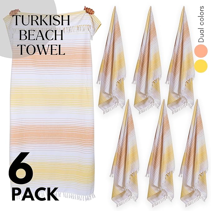 Native Fab Turkish Stripe Beach Towels - Set of 6 - Extra Large 40x71 Inch - 100% Cotton Quick Dry Lightweight Thin Sand Free - Hammam Towel for Adults, Bath, Spa, Pool, Camp - Yellow