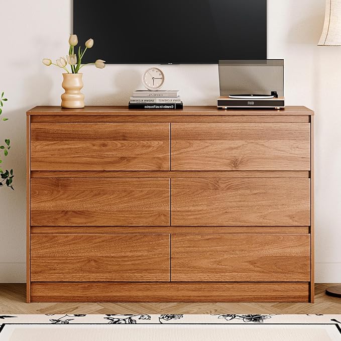 6 Drawer Dresser,47" Wide Mid Century Chest of Drawers,Wooden Bedroom Drawer Dresser with 6 Storage Drawers for Bedroom,Living Room,with Anti-Tipping Device,Dark Walnut
