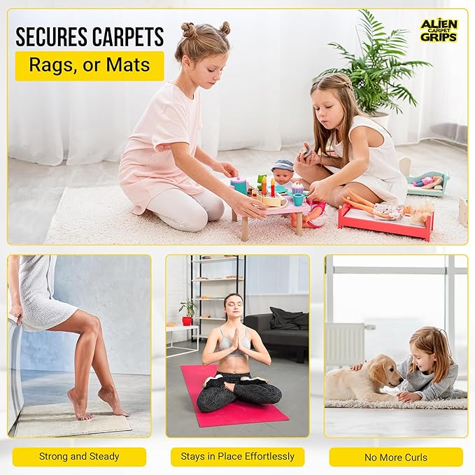 Alien Grip Rug Gripper Carpet Tape - 12pcs, 4x4 in. Anti-Slip Hardwood, Tile Floor, No Damage - Double Sided Reusable, Non Slip Corner Rug Pads - As Seen on TV