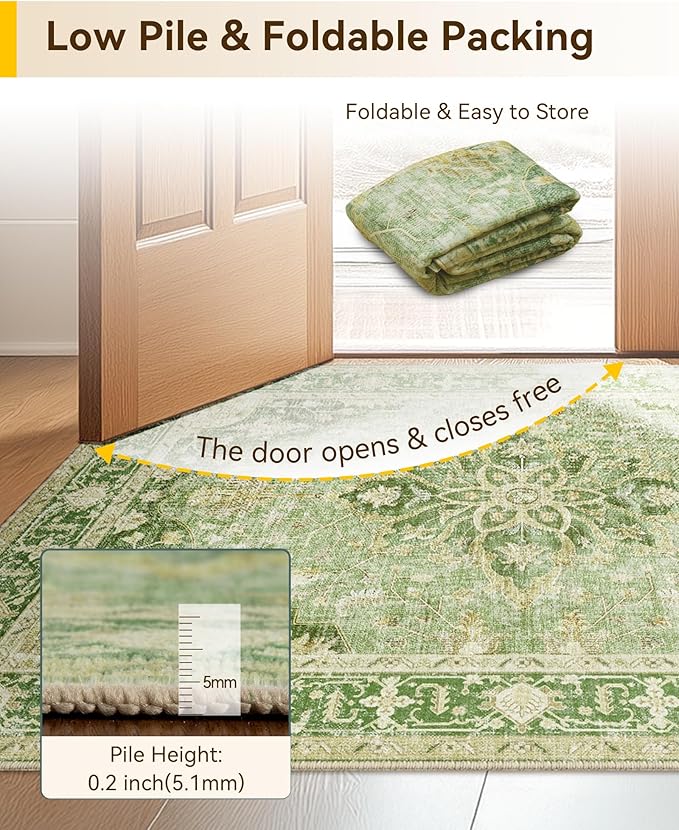 Area Rugs 6'x8' Washable Non-Slip, Floral Vintage Distress Print Pattern Medallion Carpet for Living Room Bedroom Dining Room, Sage Green Yellow