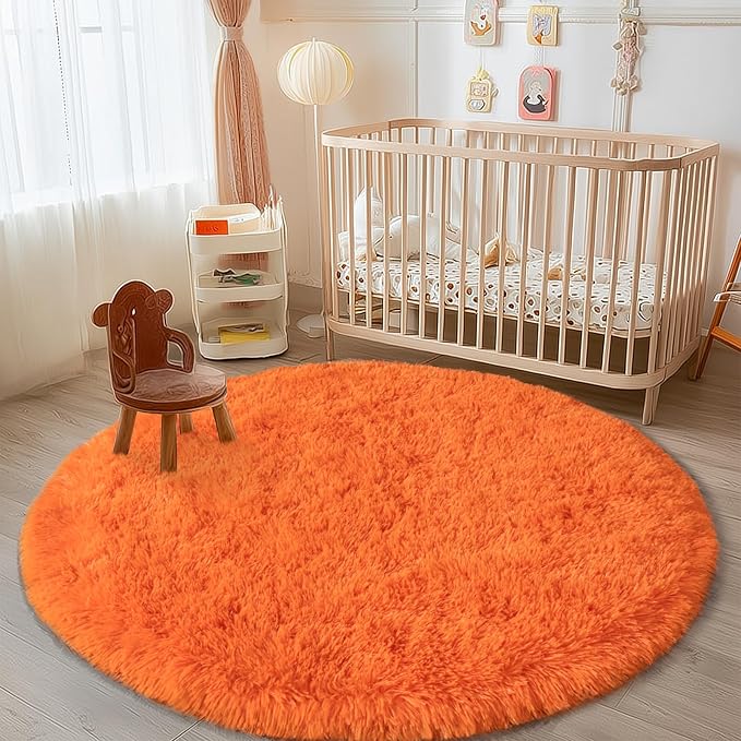 Round Orange Rug for Bedroom, 4 ft Circle Area Rugs for Living Room, Soft Fluffy Shag Carpet for Teen Girls Boys Nursery Room Dorm Home Decor Aesthetic