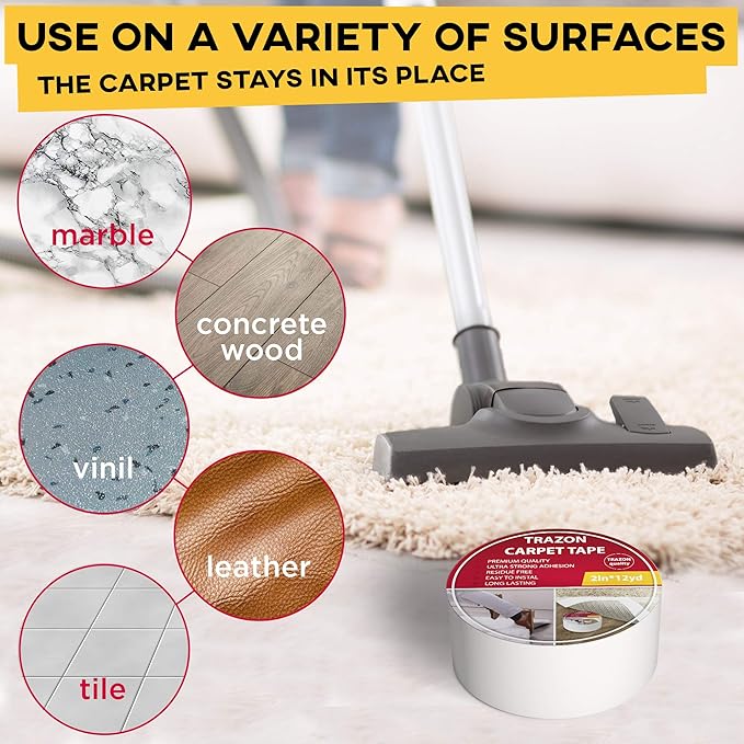 Carpet Tape Double Sided - Rug Tape Grippers for Hardwood Floors and Area Rugs - Carpet Binding Tape Strong Adhesive and Removable, Heavy Duty Stickers Grip Tape, Residue Free (2 Inch / 15 Yards)
