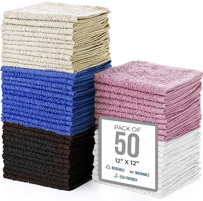 SIMPLI-MAGIC Cotton Wash Cloths 12"x12" (50 Pack) – Highly Absorbent Soft Towels – Commercial Terry Washcloth for Face, Hand, Bath, Kitchen, Gym & Hotel (Multicolor)