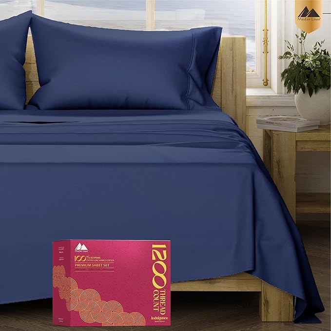 Mayfair Linen 100% Egyptian Cotton Full Size Bed Sheets - Luxury 1200 Thread Count Egyptian Cotton Sheets Full Size Bed Set (4 PC, Navy Blue), Soft, Cooling, 17" Deep Pocket Sateen Weave Bedding