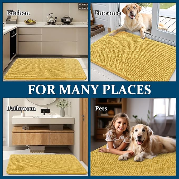 OLANLY Dog Door Mat for Muddy Paws 59x35, Absorbs Moisture and Dirt, Absorbent Non-Slip Washable Doormat, Quick Dry Chenille Mud Mat for Dogs, Entry Indoor Entryway Carpet for Inside Floor, Yellow