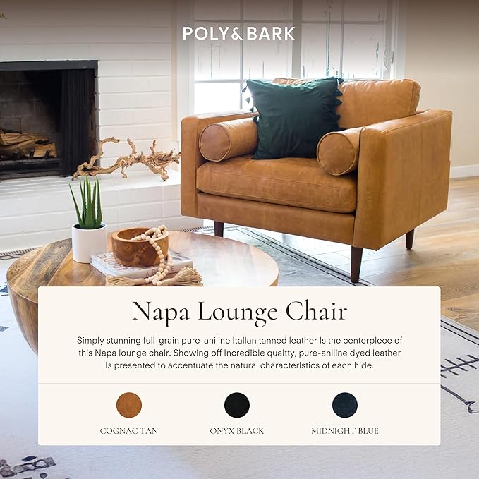 Poly & BARK Napa Leather Accent Chairs 42" – Set of 2 - Mid Century Modern Armchair with Bolster Pillows, Living Room or Bedroom Chair in Cognac Tan