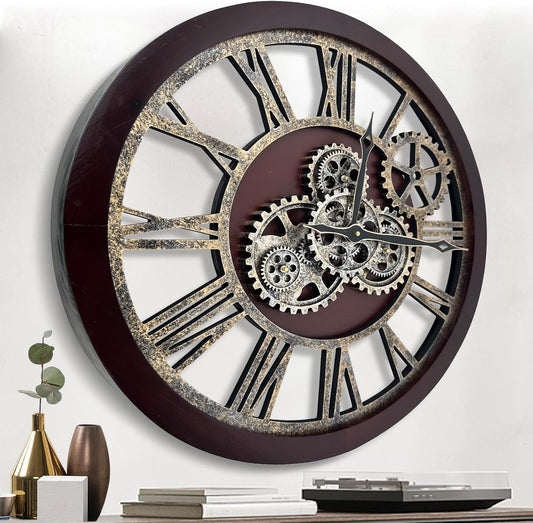 The B-Style Large Wall Clock 24 inch Moving Gear Wall Clock Oversized Vintage Farmhouse Wall Clocks for Living Room Decor Rustic Industrial Wood Clock (Cherry red and Bronze)