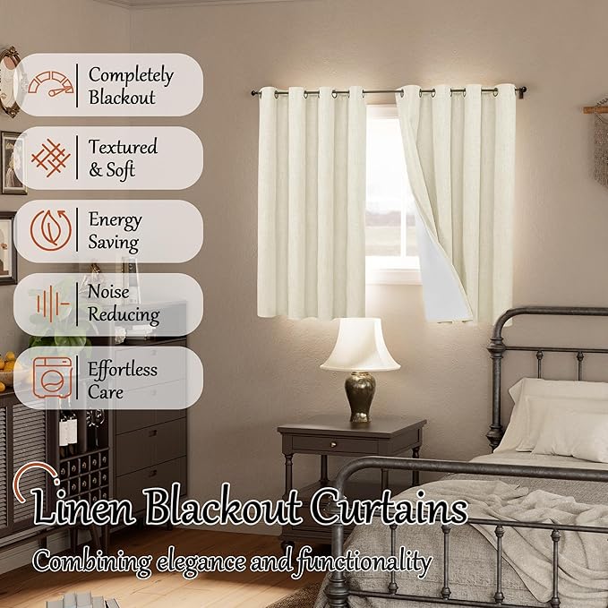 Short Linen Blackout Curtains 45 Inch Length 2 Panels, Thermal Insulated Total Light Blocking Window Curtains for Farmhouse Bedroom Basement, Bronze Grommet, Cream, Each 52" Wide