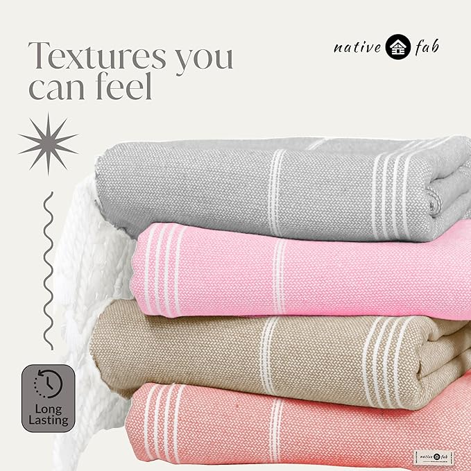 Native Fab Large Turkish Towels Set of 4, Lightweight, Quick Dry, Durable, Absorbent, 100% Cotton, Perfect for Beach, Travel, Pool, Spa, Bath - Ash Grey, Beige, Light Orange, Pink