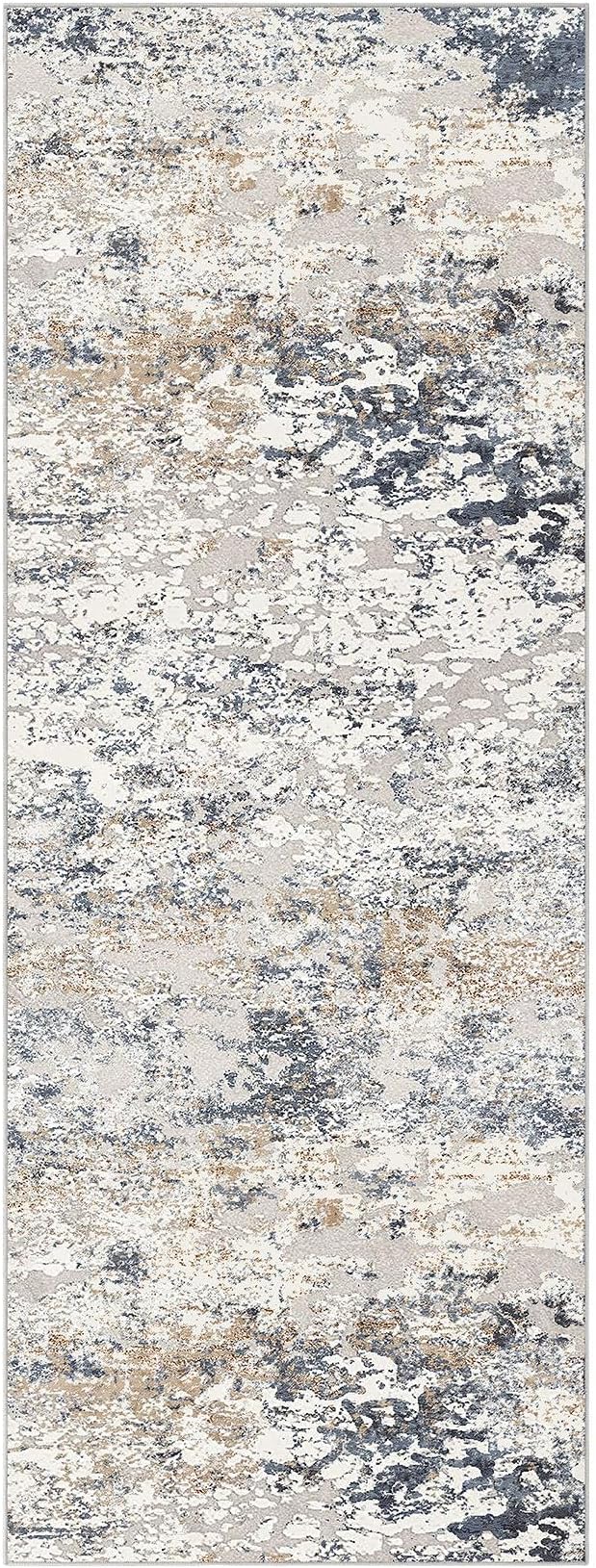 Washable Runner Rug for Hallway: 3x8 Neutral Modern Abstract Low Pile Area Rug with Non-Slip Backing - Carpet for Bedroom Kitchen Laundry Entryway Bathroom Indoor - Beige Blue
