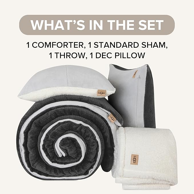 UGG Twin Comforter Set 4 Piece Bed in a Bag with Throw Blanket, Decorative Pillow Sham and Reversible Comforter Hypoallergenic Washable College Dorm Bedding, Twin XL, Grey (Remina)