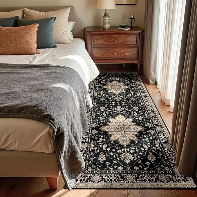Area Rugs 3'x7' Washable Non-Slip, Floral Vintage Distress Print Pattern Medallion Carpet for Living Room Bedroom Dining Room, Black Brown Neutral Dark Tan