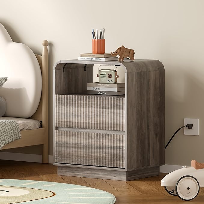 Dresser with 2 Drawers and Charging Station, Fluted Bedside Table with Round Curved Corner, Hidden Handles, 2 AC Outlets and 2 USB Ports, Modern Wood End Table with Open Shelf for Bedroom