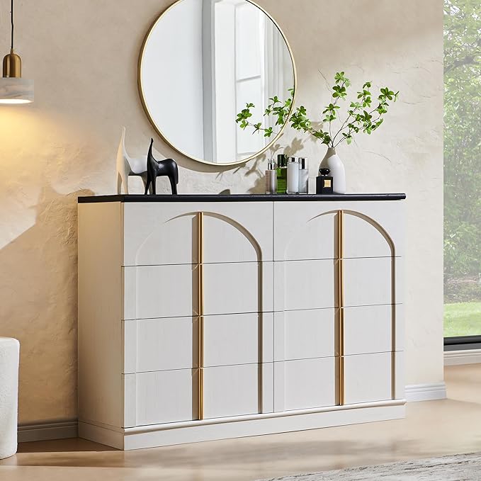 ACCOHOHO Large Dresser for Bedroom with 8 Drawers with Arched Panel,Modern Minimalist Chest of Drawers with Gold Handles,Wood Storage Closet Dressers Tv Stand for Living Room, Hallway,White