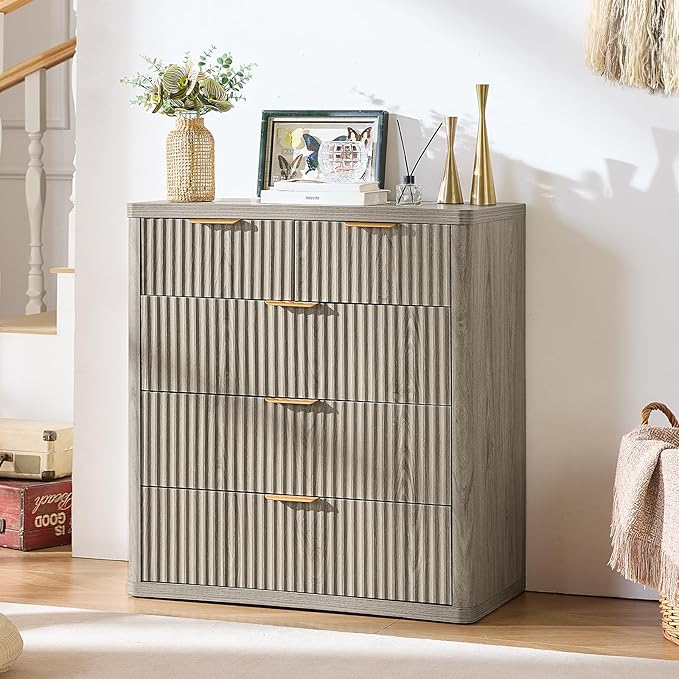LEYAOYAO Fluted 5 Drawers Dresser for Bedroom Set of 2, 34" Tall Modern Chest of Drawers with Metal Handle, Curved Profile Design,Grey Wood Drawer Organizer for Bedroom, Living Room, Hallway