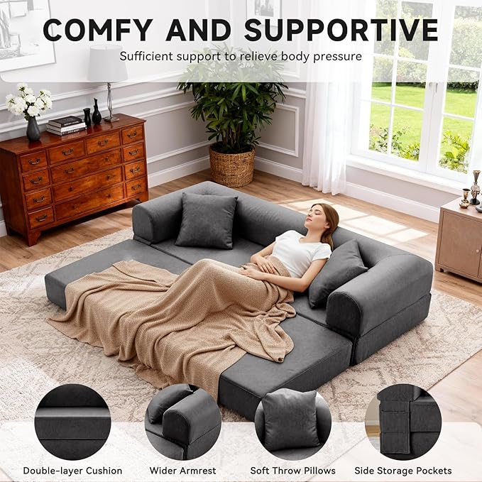 78.5" Convertible Sleeper Sofa Bed, Faux Leather Deep Seat Folding Floor Sofa with Pullout Bed & 2 Pillows, No Assembly Modern Boneless Couch Compression Sofa in Box for Living Room, Office, Gray