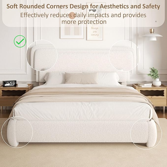 Queen Size Bed Frame with Adjustable Headboard, Boucle Upholstered Platform Bed with Wood Slats, Anti-Collision Soft Rounded Corners, No Box Spring Needed, Noise-Free, Easy Assembly