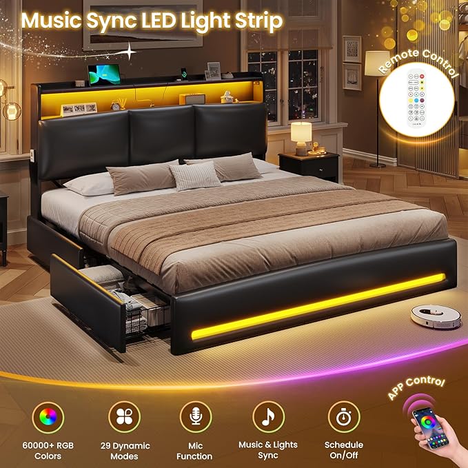 VIAGDO King Bed Frame with Storage Headboard and Charging Station, Leather Upholstered Bed Frame King Size with 4 Drawers and LED Lights, Type C and USB, No Box Spring Needed, Black