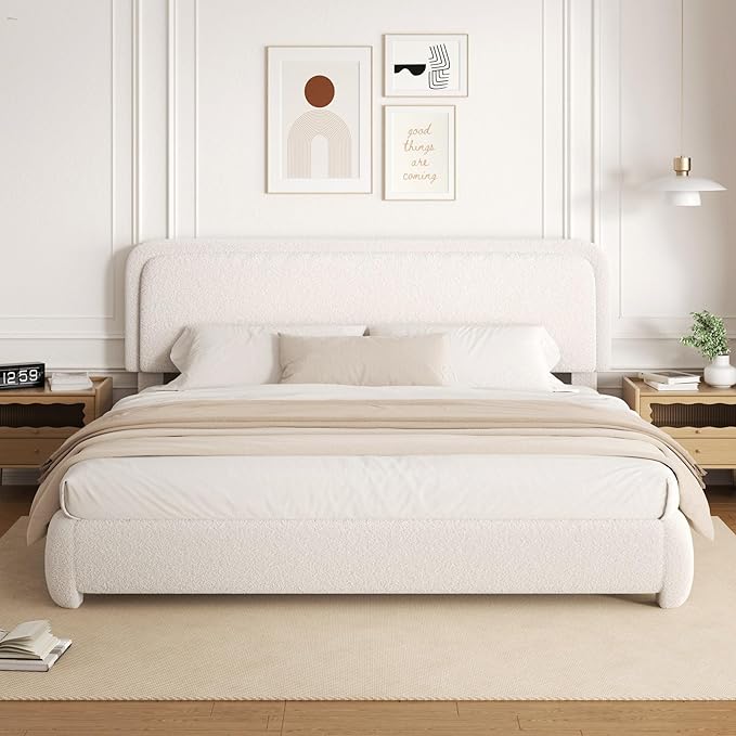 Full Size Boucle Bed Frame, Upholstered Cloud Platform Bed Frame with Headboard, Anti-Collision Soft Rounded Corners, No Box Spring Required, Easy Assembly, Noise Free, Adjustable Headboard
