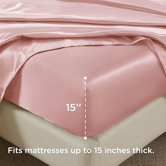 Bedsure Satin Sheets Full Size - 4 Piece Silky Bedsheets with 15 Inches Deep Pocket Fitted Bedsheet,1 Flat Sheet, 2 Satin Pillowcases, Good for Hair & Skin (Full, Blush Pink)