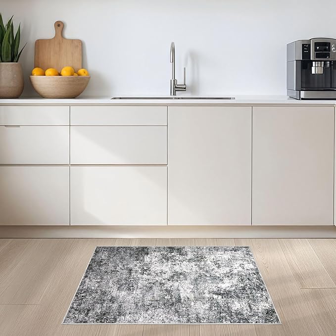 2x3 Entryway Area Rug: Washable Neutral Modern Abstract Small Rug - Non-Slip Low Pile Throw Indoor Carpet for Entrance Kitchen Front Door Mat Bathroom Entry Kids Room - Grey