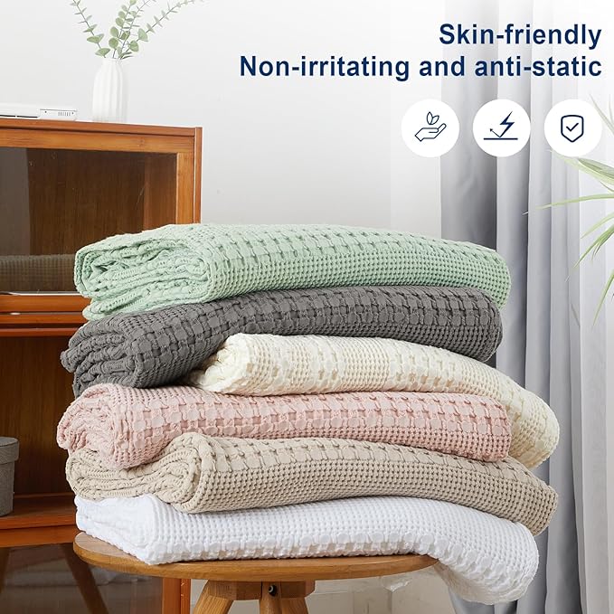 PHF 100% Cotton Waffle Weave Blanket King Size for Bed, Soft Lightweight & Breathable, All-Season Comfort, Luxury Aesthetic Woven Bedding for Home Decor, 108"x90", Oatmeal