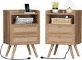 SUPERJARE 2 Drawer Night Stand with Charger Station, Boho Rattan Nightstand Set of 2, 25.2 Inch Tall Bed Side Table with Solid Wood Feet, End Table, Open Storage, Synthetic Rattan, Walnut