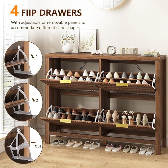 Shoe Cabinet Storage for Entryway, Fluted Shoe Cabinet with 4 Flip Drawers, Hidden Shoe Rack Freestanding Wooden Shoe Organizer with Legs for Hallway, Walnut